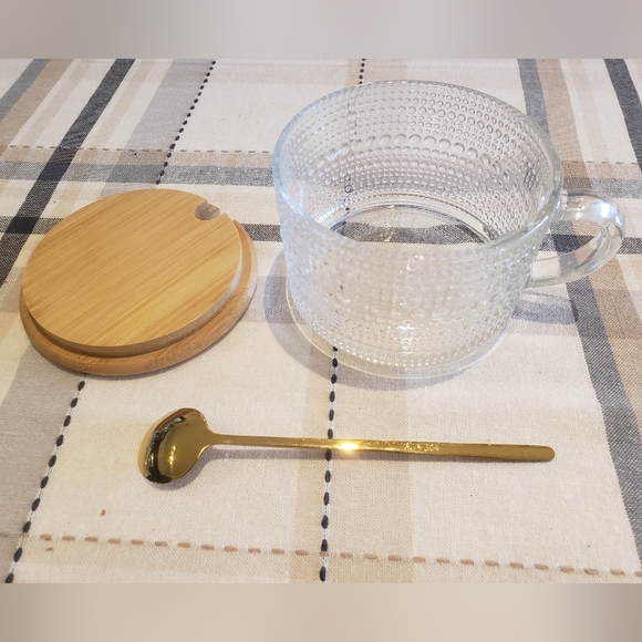 14oz. Vintage Glass Coffee Mug with Golden Spoon and Bamboo Lid - Picture 12 of 16